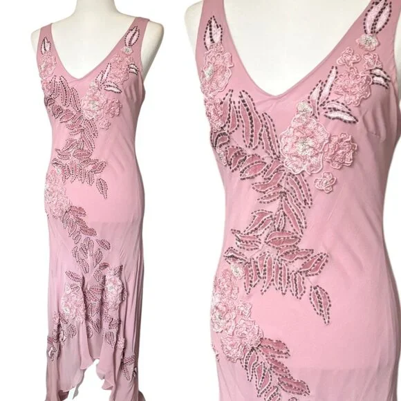 Vintage Sue Wong Silk Beaded Midi Maxi Gown 8 Blush Pink Y2K Fairy Floral Prom - Picture 3 of 10